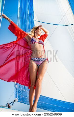 Beautiful Bikini Girl In Open Water Sea On Yacht