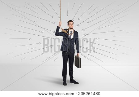 Hopeless young businessman trying to suicide with question signs concept