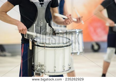 Details From A Music, Show And Marching Band. Playing Musicians With Percussion Instruments During A