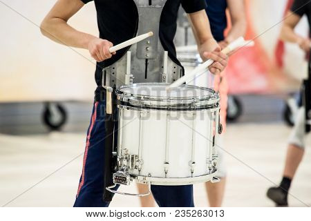 Details From A Music, Show And Marching Band. Playing Musicians With Percussion Instruments During A