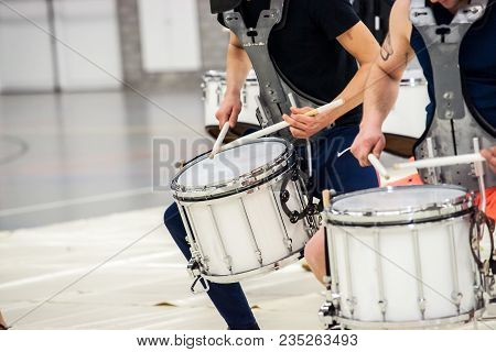 Details From A Music, Show And Marching Band. Playing Musicians With Percussion Instruments During A