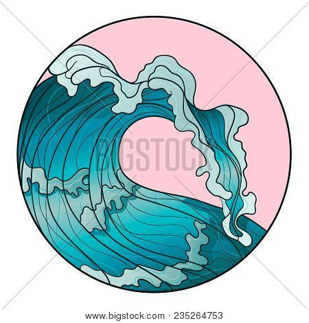 Decorative Hand Drawn Line Art. Logo Ocean Wave. Vector Sea Emblem. Sea, Ocean, Water, Big Wave.