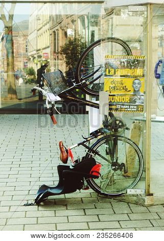 Strasbourg, France, March 2014: Bicycle With Child Seat Standing In Call-box On The Street.