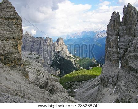 The Georgous View From The Via Ferrata Leading On Paterkofel. View On Rocky Peaks Of Sexten Dolomite