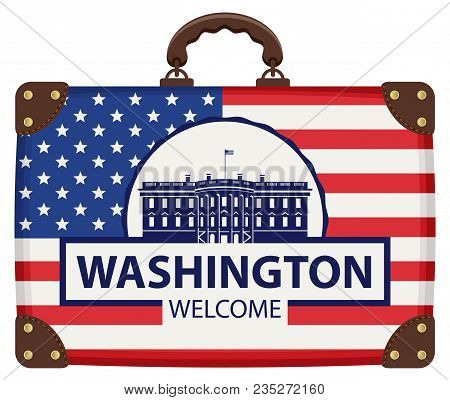 Vector Travel Banner With Suitcase In Colors Of American Flag With The White House In Washington Dc,