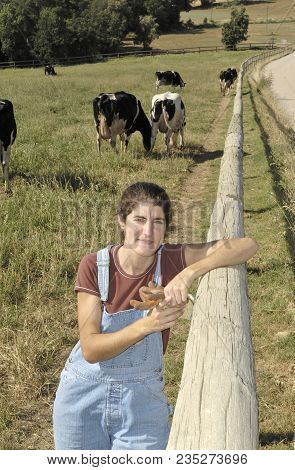 Portrait Of A Farmer With Her Cows In The Field