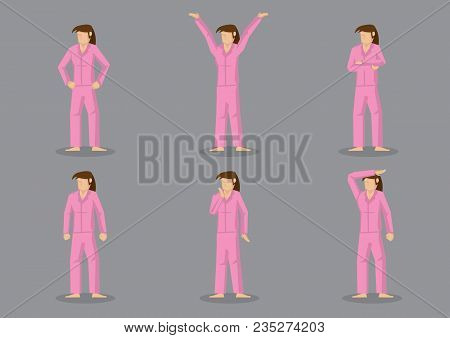 Set Vector Illustration Of Girl With Ponytail Wearing Pink Color Pajamas In Different Gestures Isola