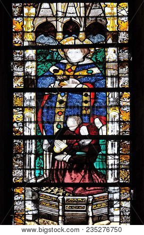 PARIS, FRANCE - JANUARY 04: Saint Severin, stained glass window in Saint Severin church in Paris, France on January 04, 2018.