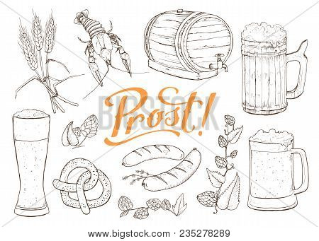 Beer Vector Sketch Isolated On White Background. Hand Drawn Design Elements Related To Beer And Bava
