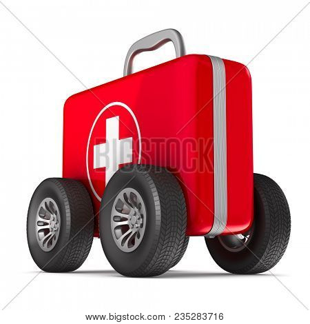 First aid kit with whells on white background. Isolated 3D illustration
