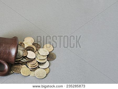 Ancient Jug With Coins. Old Coins In A Pot. Savings