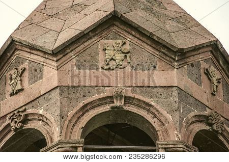Part Of The Stone Octagonal Roof On Bell Tower Of The Church Of St.mesrop Mashtots With Relief Figur