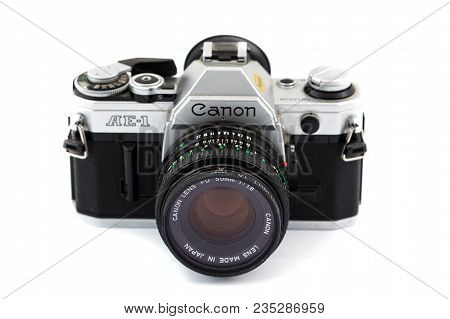 Springfield, Or - April 6, 2018: Canon Ae-1 35mm Film Camera Against An Isolated White Background In