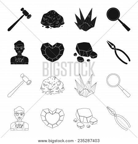 Jeweler, Pliers, Gold Ore, Garnet In The Form Of Heart. Precious Minerals And Jeweler Set Collection
