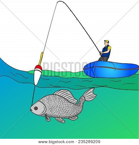 Object On White Background Man Who Is Fishing In The Open Sea. Fishing Cartoon. Fisherman In A Boat 