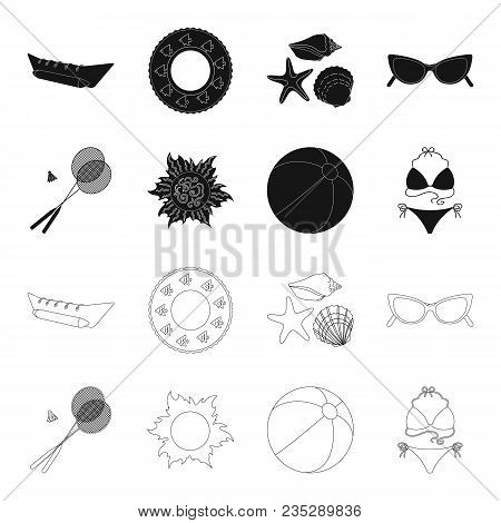 A Game Of Badminton, A Ball And The Sun.summer Vacation Set Collection Icons In Black, Outline Style