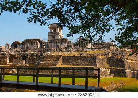 Palenque, Chiapas, Mexico: The Palace, One Of The Mayan Buiding Ruins In Palenque. The Palace Is Cro