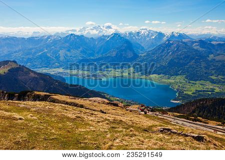 Wolfgangsee Lake Aerial Panoramic View From Schafberg Viewpoint, Upper Austria. Wolfgangsee Lake Loc