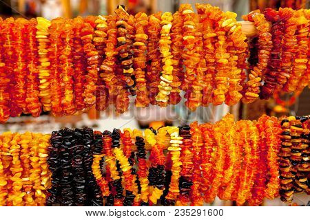 Succinite. Amber necklace. Amber of different colors and sizes.