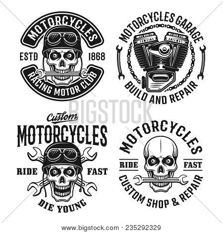 Motorcycles Set Vector Emblems, Labels, Badges Or Logos With Skull In Vintage Monochrome Style Isola