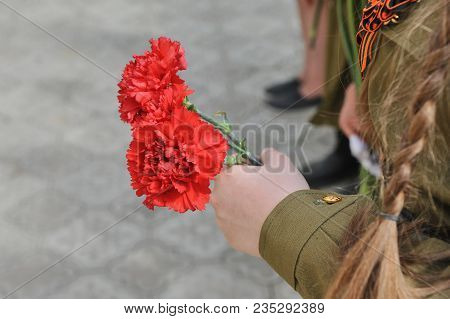 Victory Day, Silhouette Of Child With A Red Carnation
