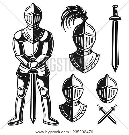 Knights Armour Set Of Vector Objects And Design Elements In Vintage Monochrome Style Isolated On Whi