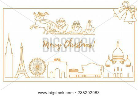 Santa Claus With Christmas Presents In Sleigh With Reindeers Over Famous Buildings And Constructions