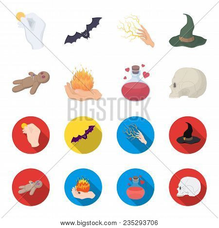 A Voodoo Doll, A Magical Fire, A Love Potion, A Skull.black And White Magic Set Collection Icons In 
