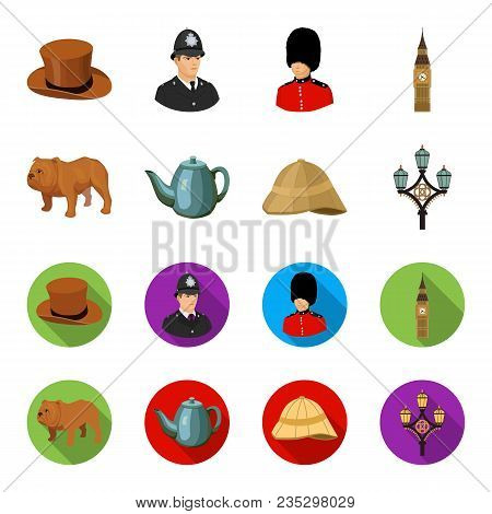 Breed Dog, Teapot, Brewer .england Country Set Collection Icons In Cartoon, Flat Style Vector Symbol