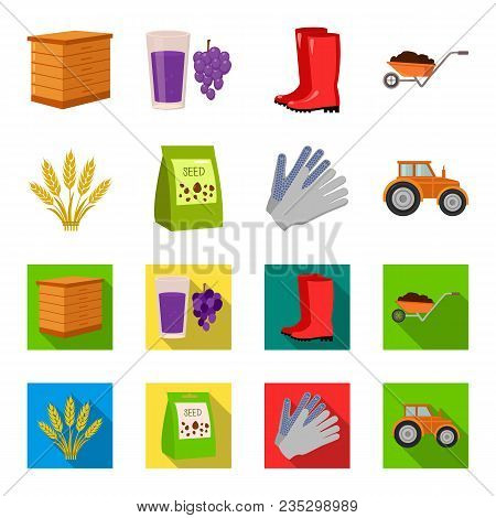 Spikelets Of Wheat, A Packet Of Seeds, A Tractor, Gloves.farm Set Collection Icons In Cartoon, Flat 