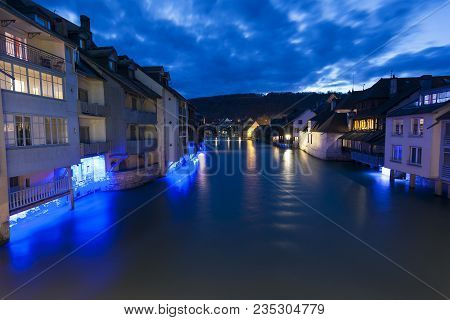 Nightfall In Ornans, Doubs Department,  Bourgogne-franche-comte, France