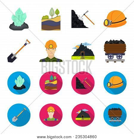 A Shovel, A Miner, An Entrance To A Mine, A Trolley With Coal.mine Set Collection Icons In Cartoon, 
