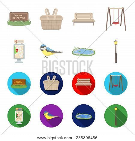 Territory Plan, Bird, Lake, Lighting Pole. Park Set Collection Icons In Cartoon, Flat Style Vector S