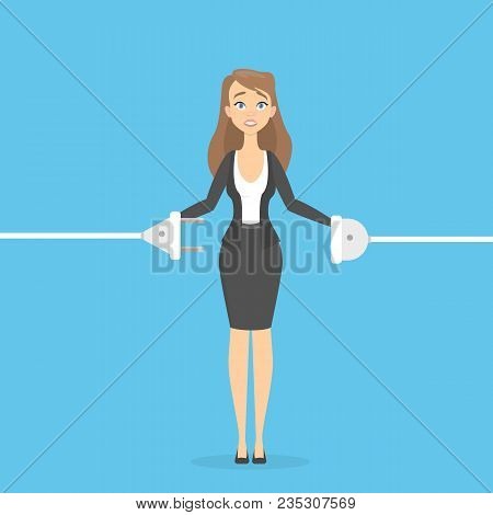 Businesswoman Connecting The Plug And Socket Standing On Blue.