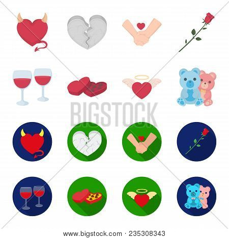 Glasses With Wine, Chocolate Hearts, Bears, Valentine.romantik Set Collection Icons In Cartoon, Flat