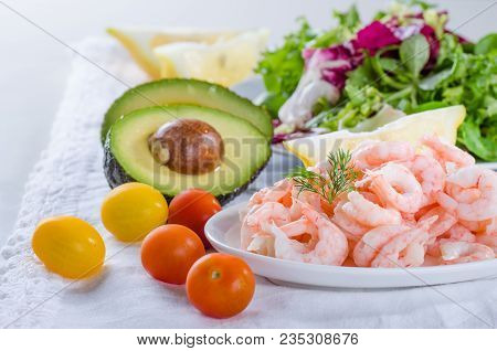 Shrimp Salad Ingredients - Cooked, Peeled Shrimps, Salad, Tomatos, Avocado