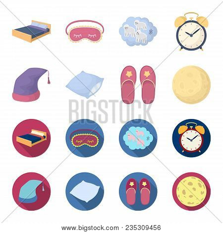 Night Cap, Pillow, Slippers, Moon. Rest And Sleep Set Collection Icons In Cartoon, Flat Style Vector