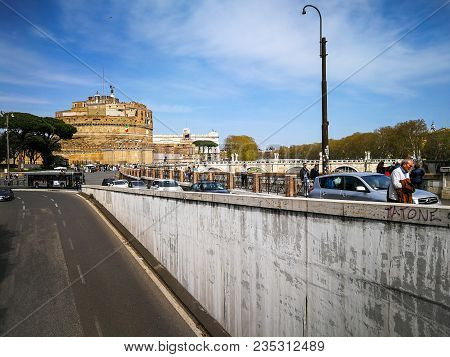 Rome, Italy. April 08, 2018: Vatican Lungotevere And Sant Angelo Castle In Rome, Italy. Urban Traffi