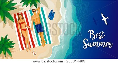 Ocean, Tropical Island, Parasol, Floating Fins On A Sand Beach. Vector Illustration. Poster Design