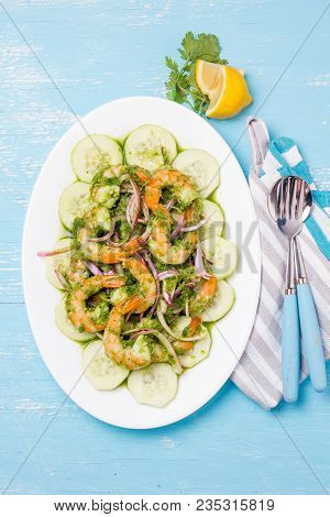 Mexican Cuisine. Aguachile De Camaron. Prawns Aguachile. Shrimps Eviche Cebiche With Cucumber, Lemon
