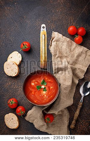 Tomato Soup Gazpacho In Stewpan. Top View