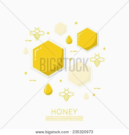 Vector Icon Honeycomb. Abstract Background With Yellow Honey Comb. Hexagon And Drop. Iisolated Illus