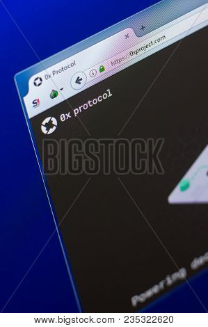 Ryazan, Russia - March 29, 2018 - Homepage Of 0x Cryptocurrency On The Pc Display, Web Address - 0xp