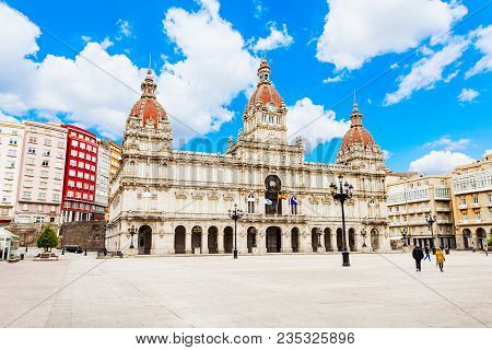City Hall Or Municipal Palace Or Concello Da Coruna At The Plaza De Maria Pita Square In A Coruna In