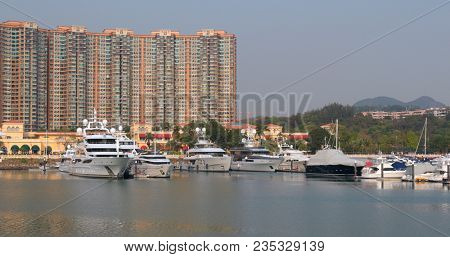 Tuen Mun, Hong Kong, 22 March 2018: Cruise in typhoon shelter in Hong Kong 