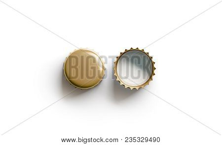 Blank White Golden Beer Lid Mockup, Top View, Front And Back Side, 3d Rendering. Empty Metal Soda Ca