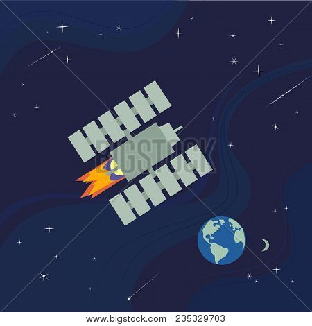Outer Space Poster. Satellite Flight. Colorful Abstract Flat Cartoon. Cosmic Travel In Universe. Spa