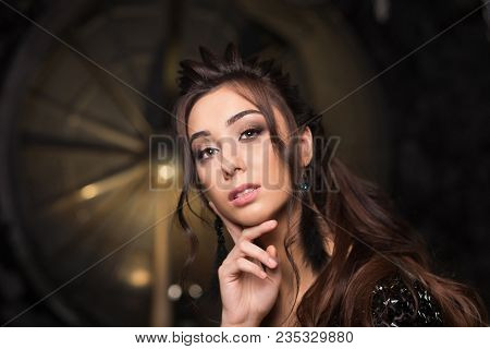 Portrait Of Beautiful Young Latina Woman With Perfect Make Up And Long Dark Hair Looking To Camera. 