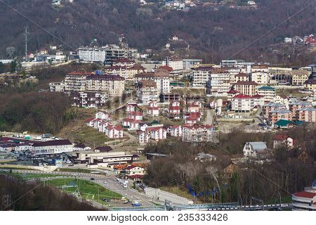 Russia, Krasnodarskiy Kray, Sochi - March 09.2018: Top View Of Chaotic Low-rise Buildings In The Are