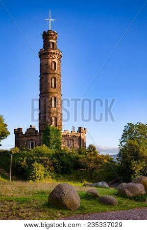 Vice Admiral Horatio Nelson Monument on top of Calton Hill in Edinburgh, Scotland, UK